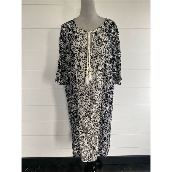 Martha Stewart Dresses & Skirts - Martha Stewart Kaftan Dress Beach Cover-Up Size S Black & White Linen Blend